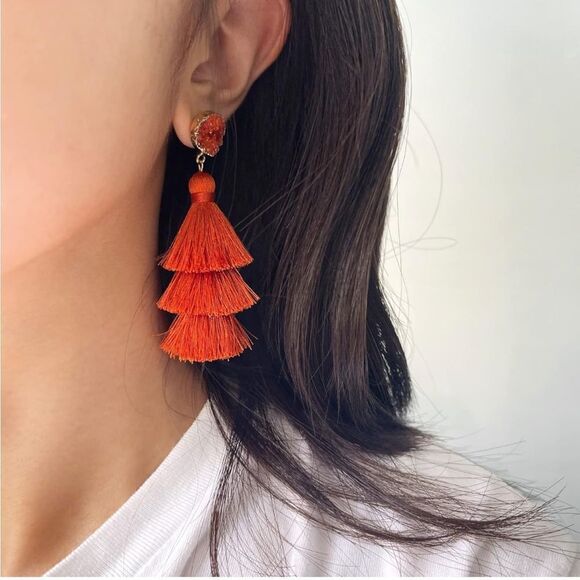 14K Yellow Gold with Burnt Orange Silk Thread Tassel and Quartz Druzy Earrings - Picture 3 of 9